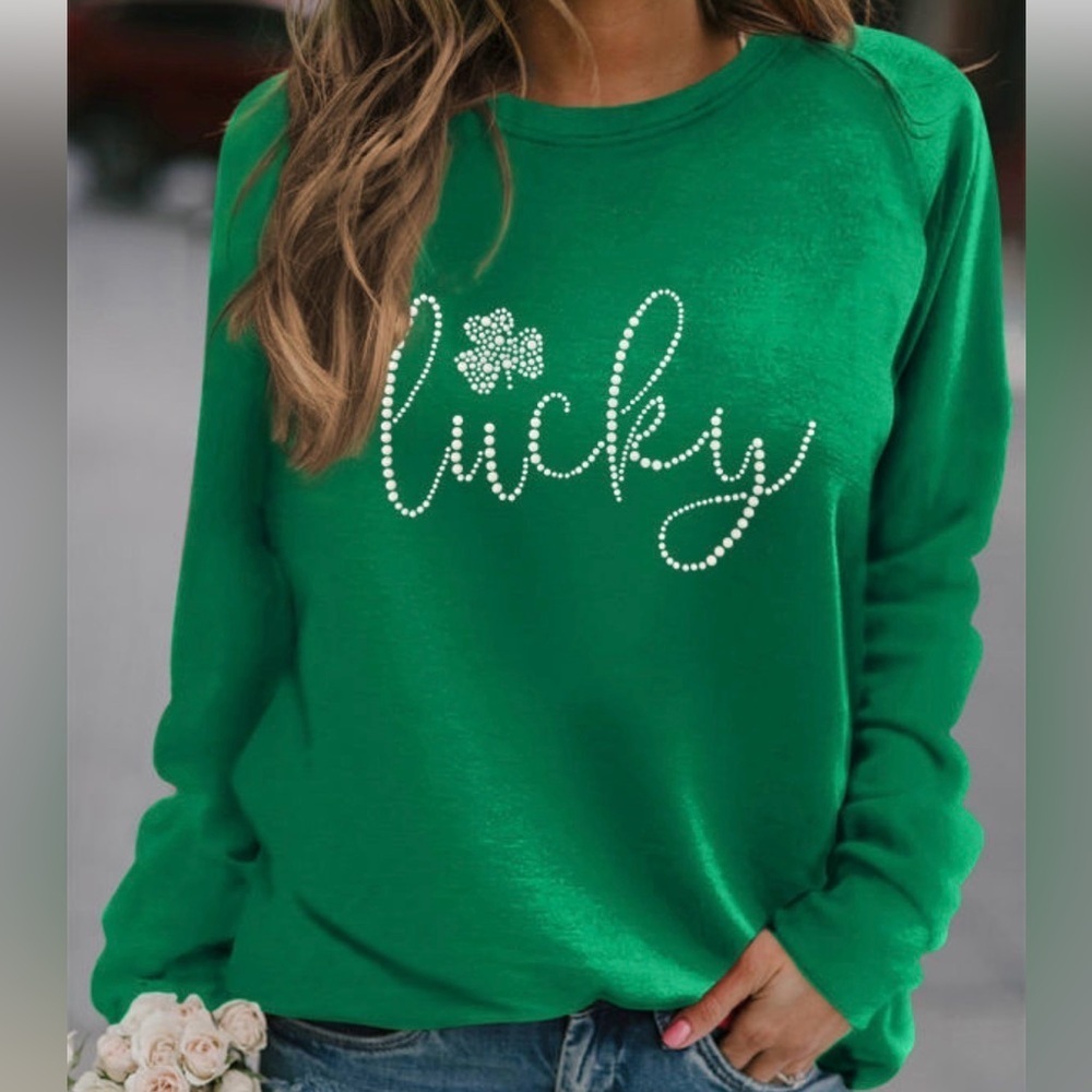 NWT Lucky St. Paddy’s Soft Embellished Crewneck Sweatshirt Emerald Green Medium